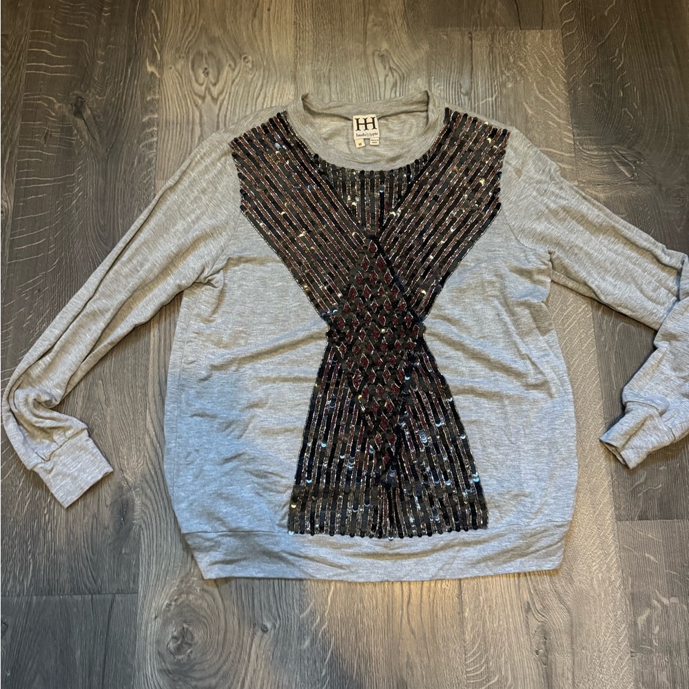 NWOT Haute Hippie Gray Long Sleeve Top with Black Sequin Design Sz M